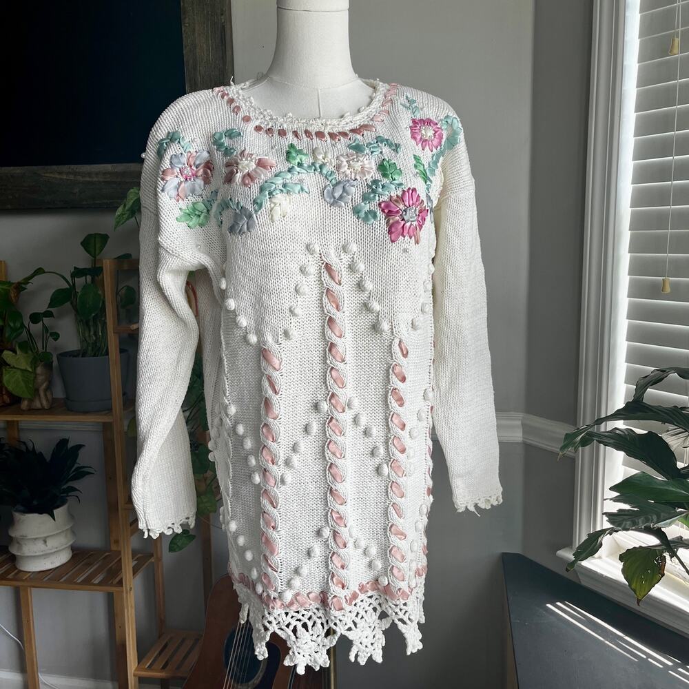 Vintage 90s Cottagecore Sweater White Knit Cotton Pastel Ribbons Size Medium